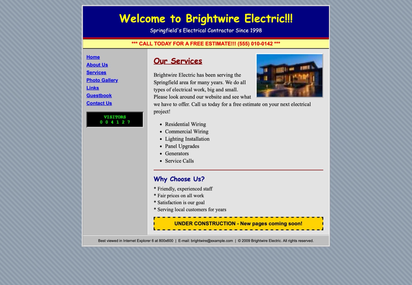 An outdated website for a made-up electrician
