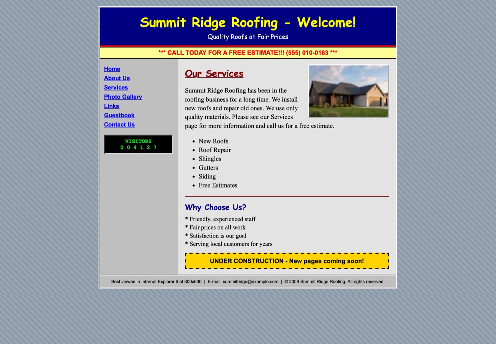 An outdated website for a made-up roofer